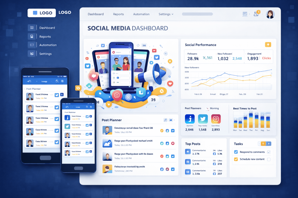 SEO data charts and graphs displayed on computer and mobile screens with magnifying glass and search bar