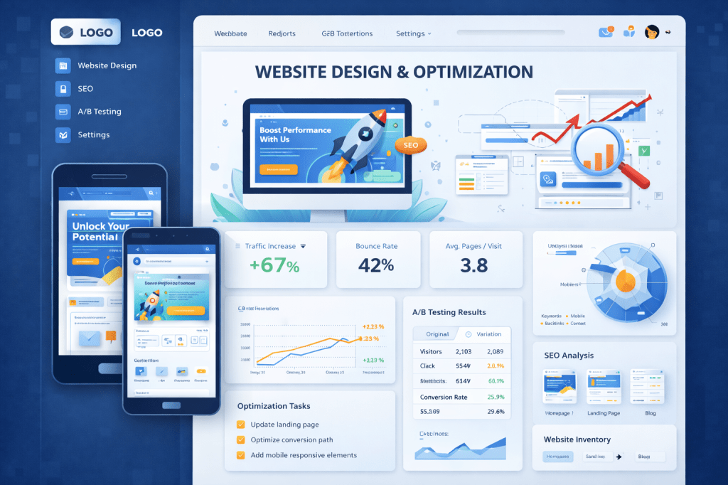 SEO data charts and graphs displayed on computer and mobile screens with magnifying glass and search bar