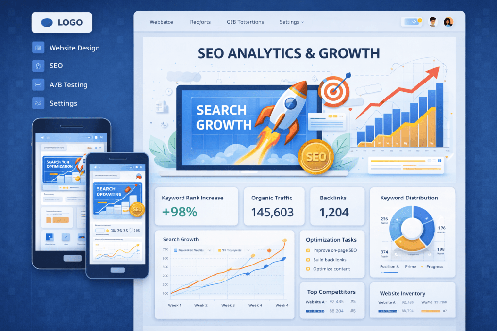SEO data charts and graphs displayed on computer and mobile screens with magnifying glass and search bar
