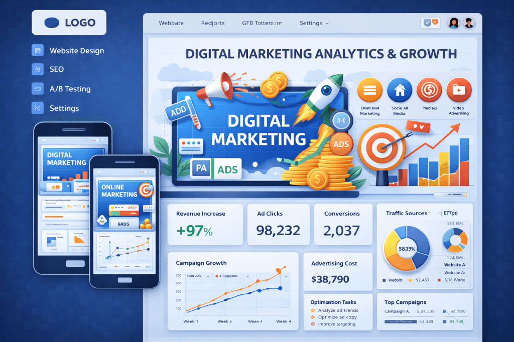 SEO data charts and graphs displayed on computer and mobile screens with magnifying glass and search bar